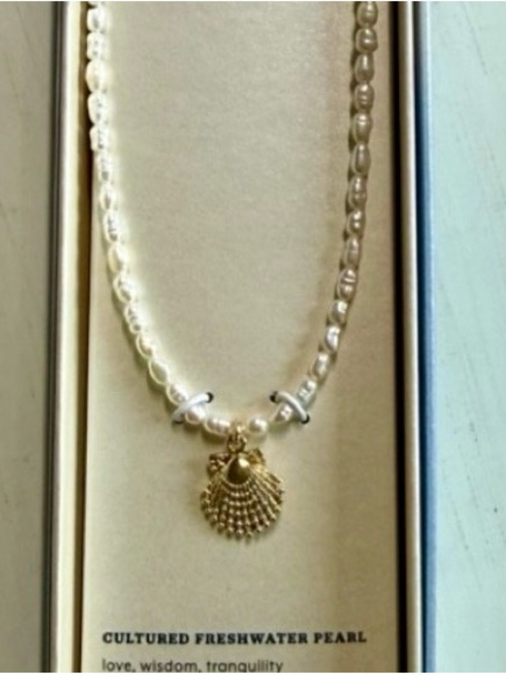 Luna Norte White Cultured Pearl Necklace with Gold Shell Charm